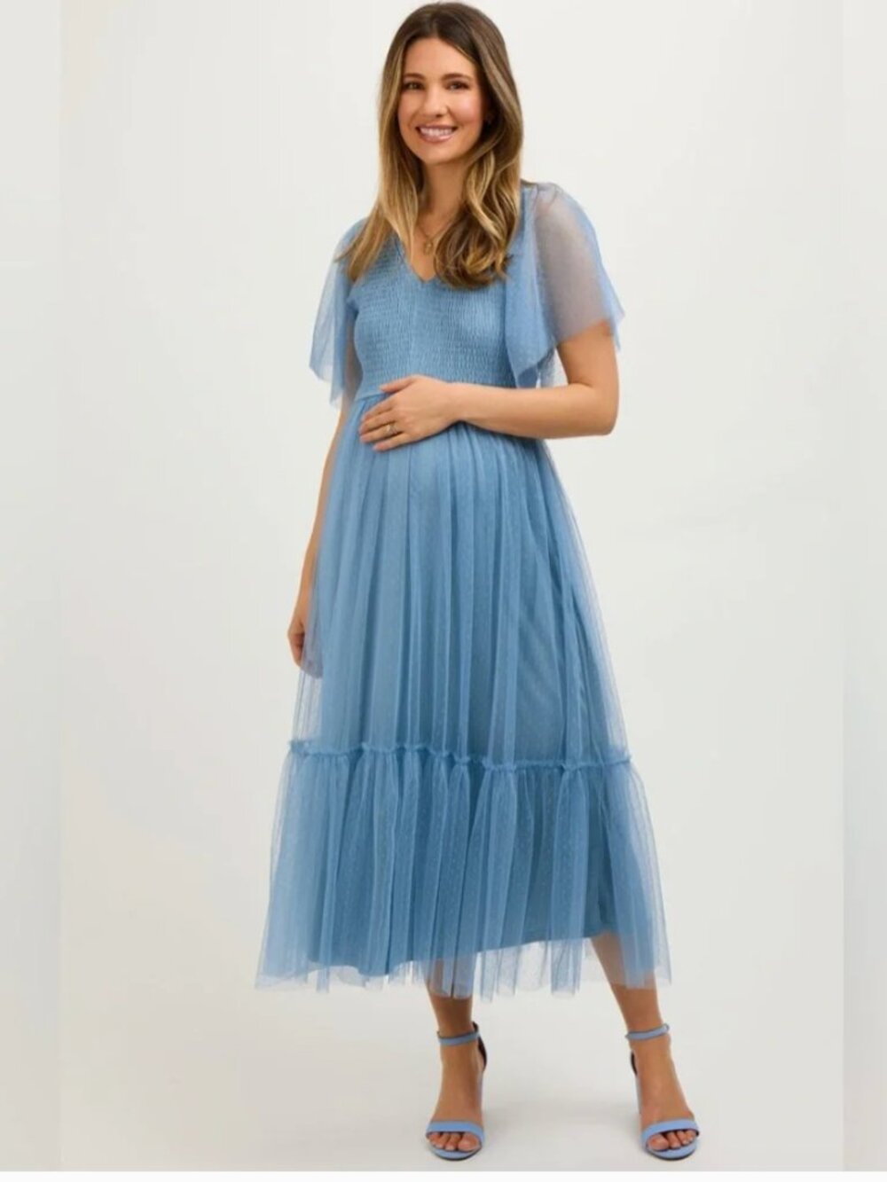 Pinkblush Blue Dotted Tulle Smocked Maternity Midi Dress Large Smocked Feminine